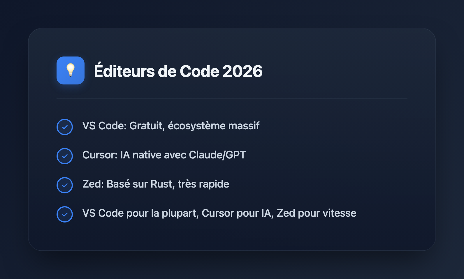 Meilleurs Éditeurs de Code en 2026 : VS Code vs Cursor vs Zed - Key Takeaways